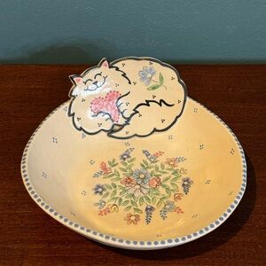 Vintage Diane Allen Signed cat Stoneware bowl / dish With 3D Effect